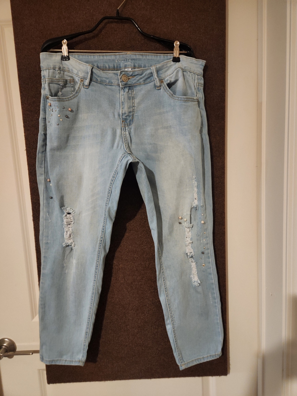 SKINN Light Blue Distressed Boyfriend Jeans with Silver Studs